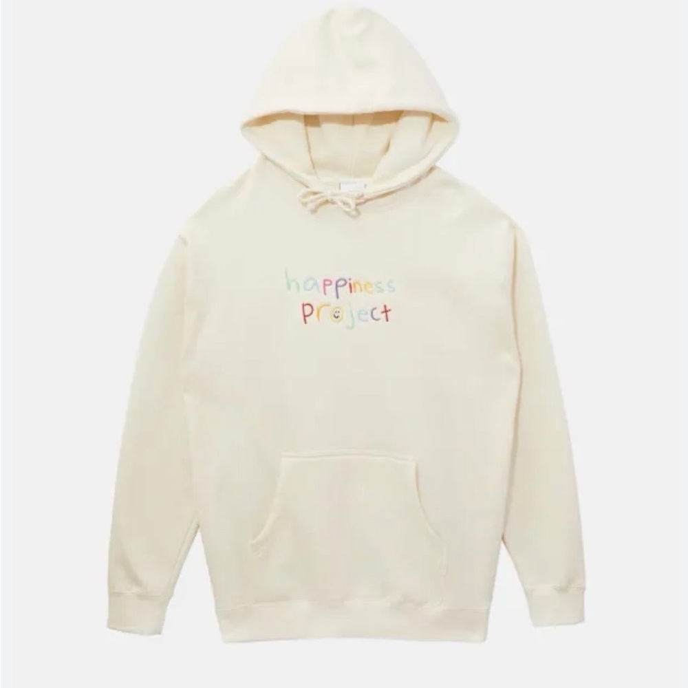 Happiness Project Cream Hoodie with Colorful Embroidery